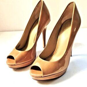Saks Fifth Avenue Platform Peep Toe Heels Size 5.5 Patent Leather Tan Womens EUC